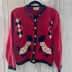 Vintage Eagle's Eye Red Scottie Westie Cotton Argyle Cardigan Sweater Large